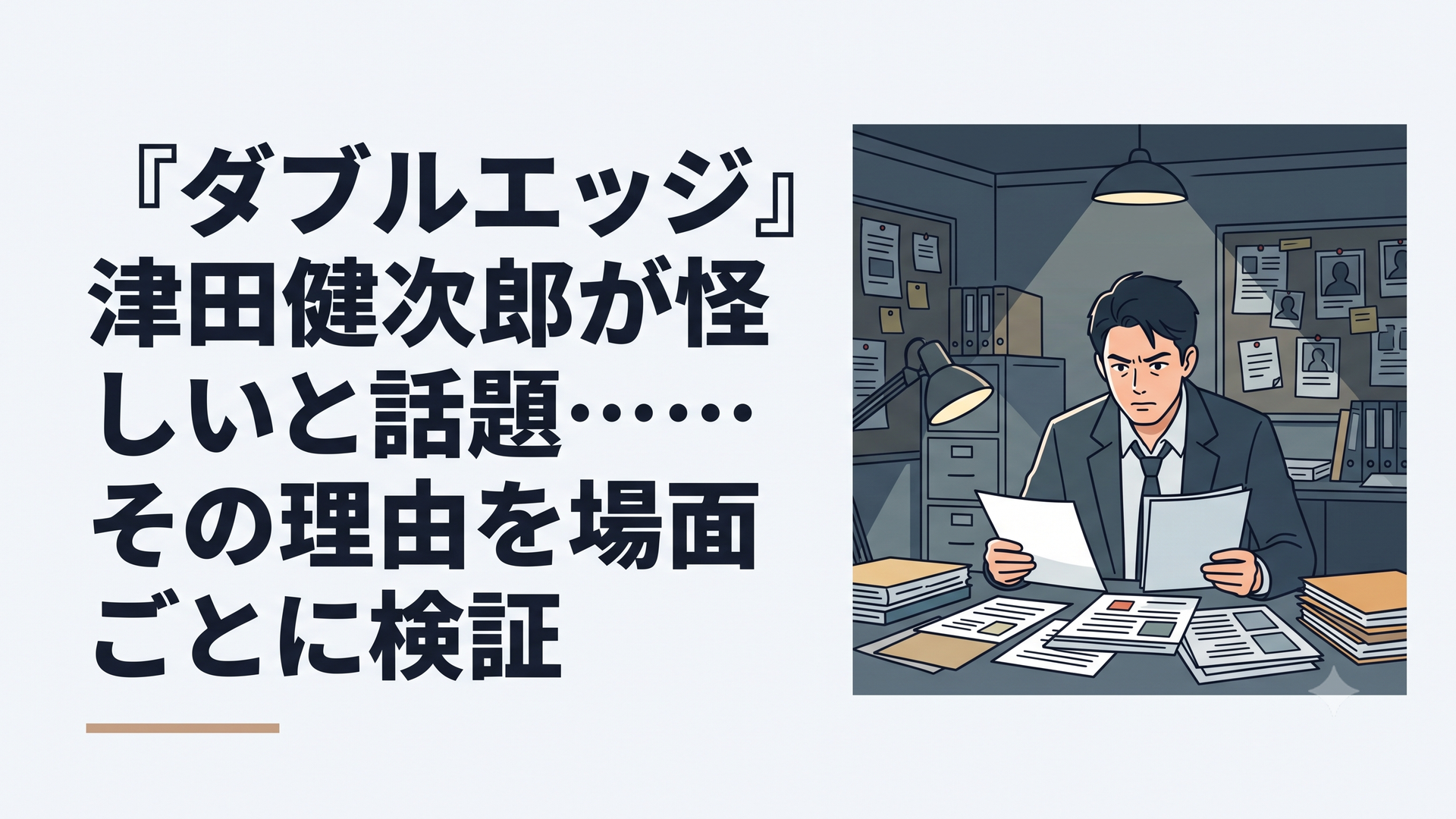 薄暗い捜査本部で国領克俊が資料を見つめる緊迫した刑事ドラマ風の場面