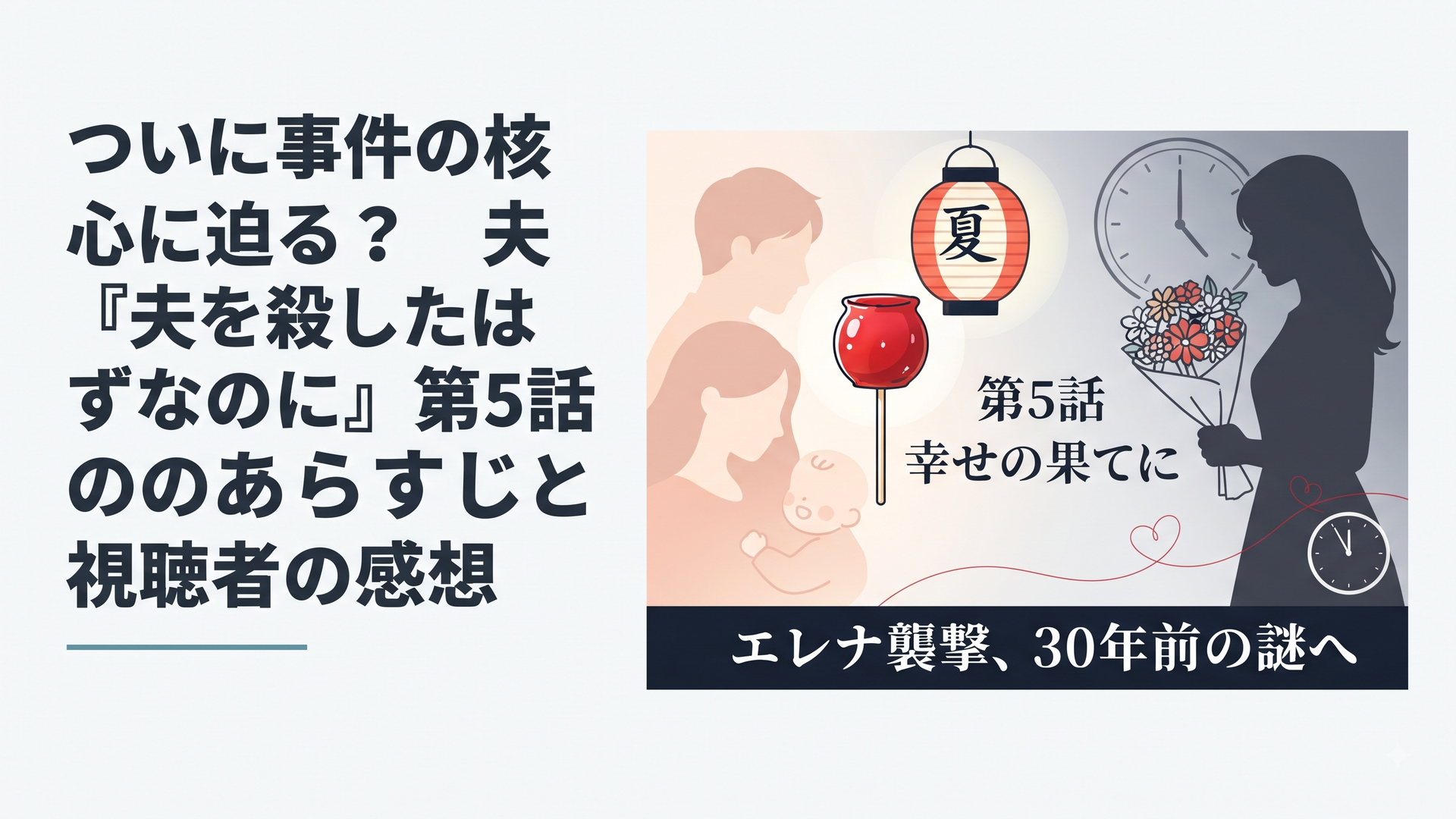 1200×800px想定、横長6:4構図。テレビ東京系ドラマ『夫を殺したはずなのに』第5話をイメージしたオリジナルのタイムリープサスペンスビジュアル。中央に赤いりんご飴と夏祭りの提灯、左側に穏やかに寄り添う夫婦と赤ちゃんを象徴する柔らかなシルエット、右側に花束を手にした女性の不穏