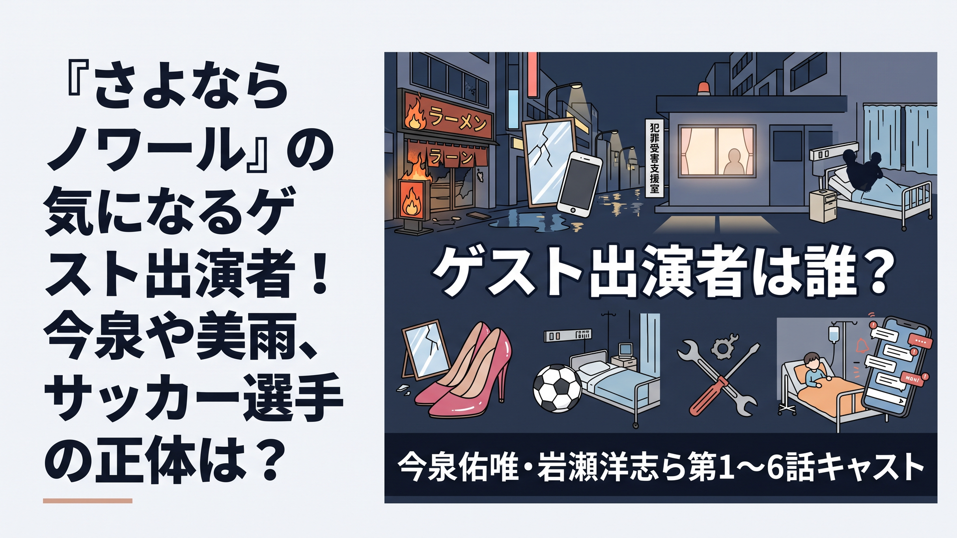横長1200×800px、比率6:4の日本の警察ヒューマンドラマ考察ブログ用アイキャッチ。夜の池袋を思わせる繁華街と架空の警察署を背景に、第1～6話のゲスト人物を象徴するモチーフを映画ポスターのように配置する。左から火災後のラーメン店、割れた鏡とスマートフォン、華やかなハイヒール