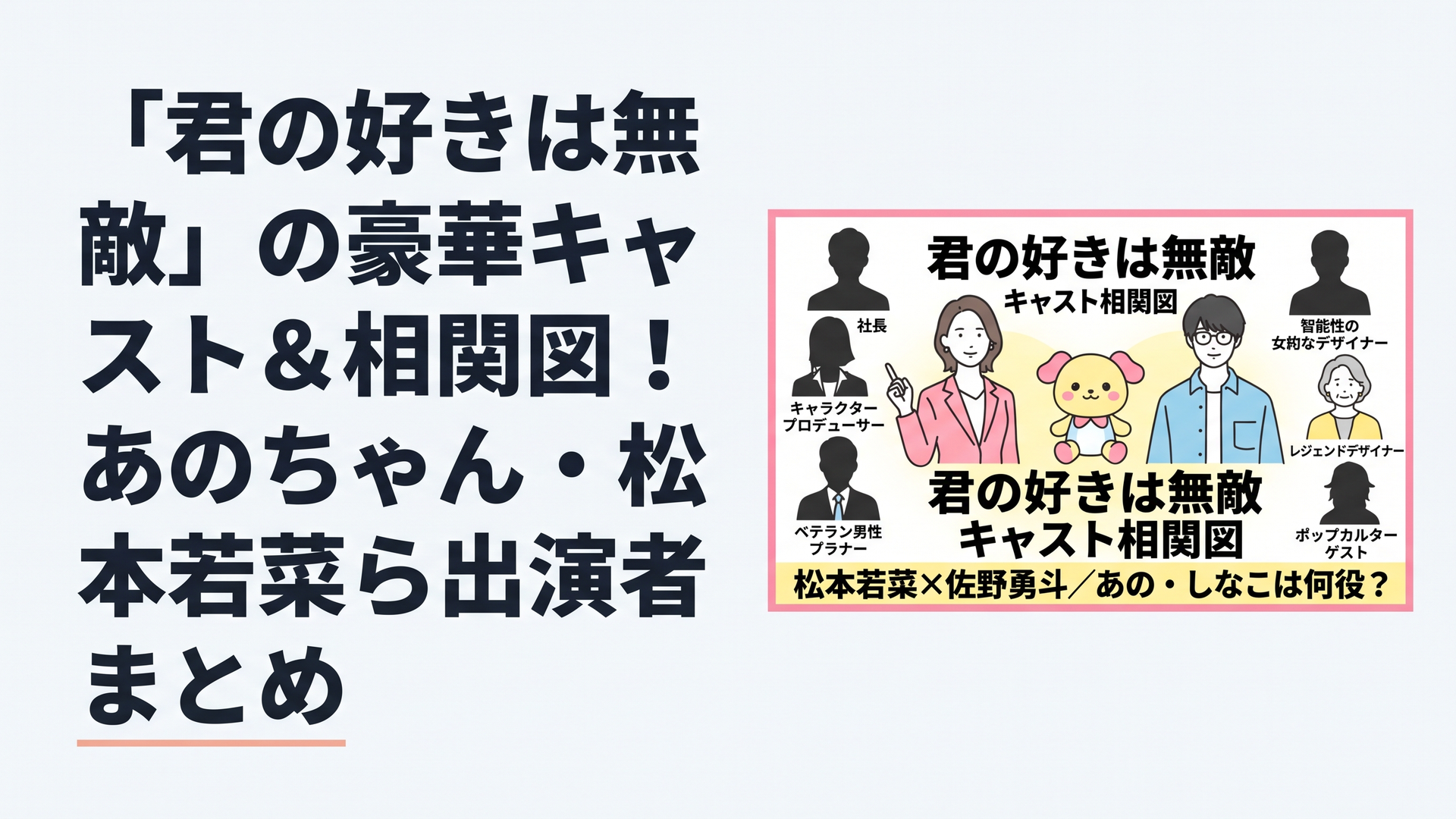 横長1200×800px、比率6:4の日本のテレビドラマ特集アイキャッチ。明るく洗練されたキャラクターデザイン会社を背景に、知的で行動力のある40代女性コンサルタント風人物と、「かわいい」への強い情熱を持つ若手男性キャラクターデザイナー風人物を中央に配置。周囲には若手男性社長、ク