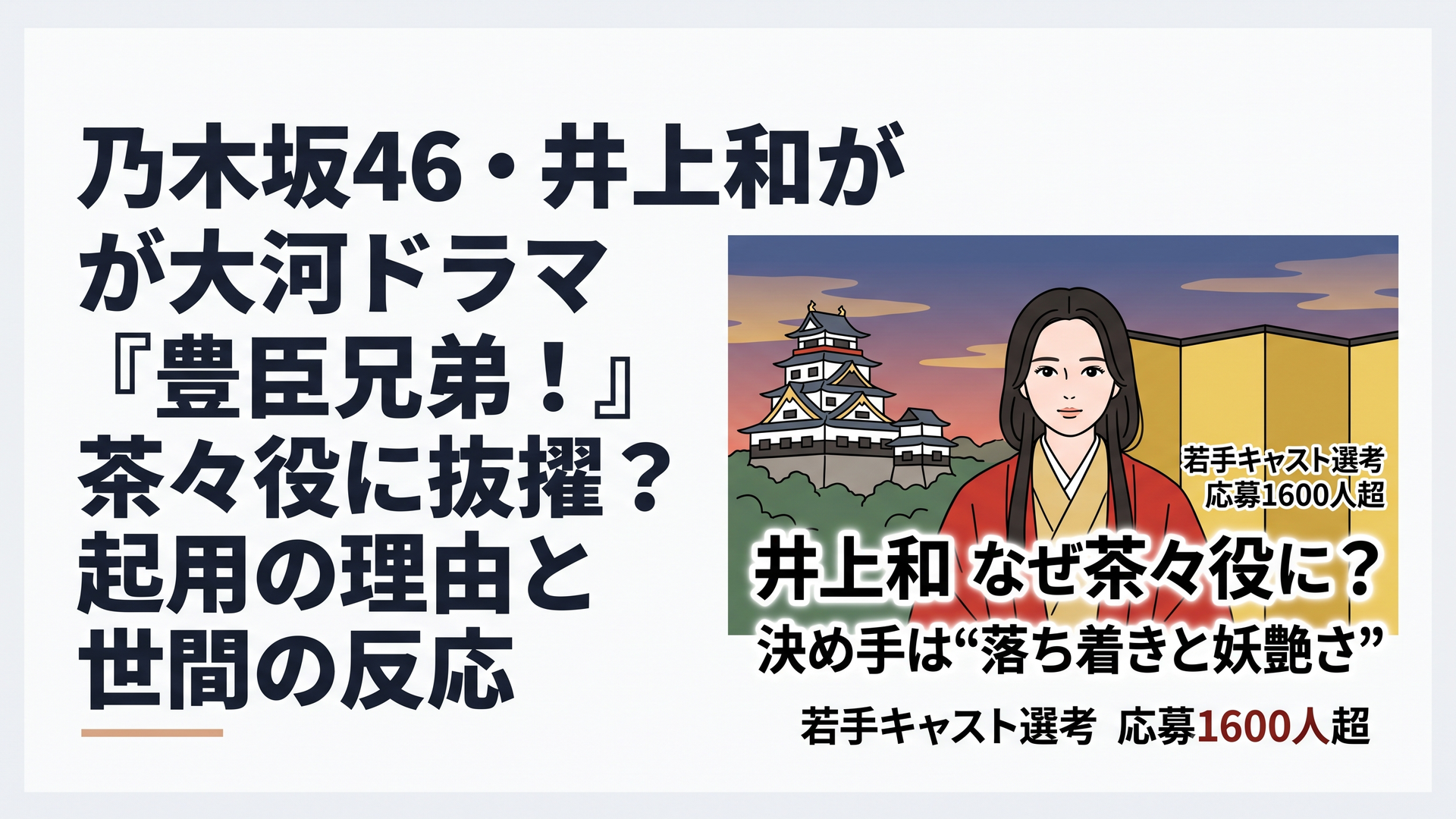1200×800px想定、比率6:4の横長ブログアイキャッチ。NHK大河ドラマ『豊臣兄弟！』で茶々を演じる乃木坂46・井上和のキャスティング理由を解説する記事だと一目で伝わる重厚な戦国ドラマ風ビジュアル。中央に茶々を思わせる21歳前後の若い女性を、浅井家の姫らしい気品のある戦国期