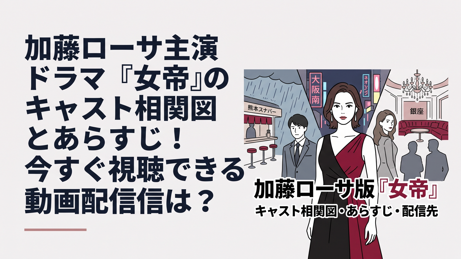 ブログ用1200×800px・横長6:4。2007年版ドラマ『女帝』をイメージした、熊本から大阪・ミナミ、東京・銀座へと駆け上がる一人の女性の人生を一枚に凝縮したドラマチックなビジュアル。中央には黒と深紅を基調にした上品なドレス姿で、強い意志を宿した架空の若い女性を配置。背後左に