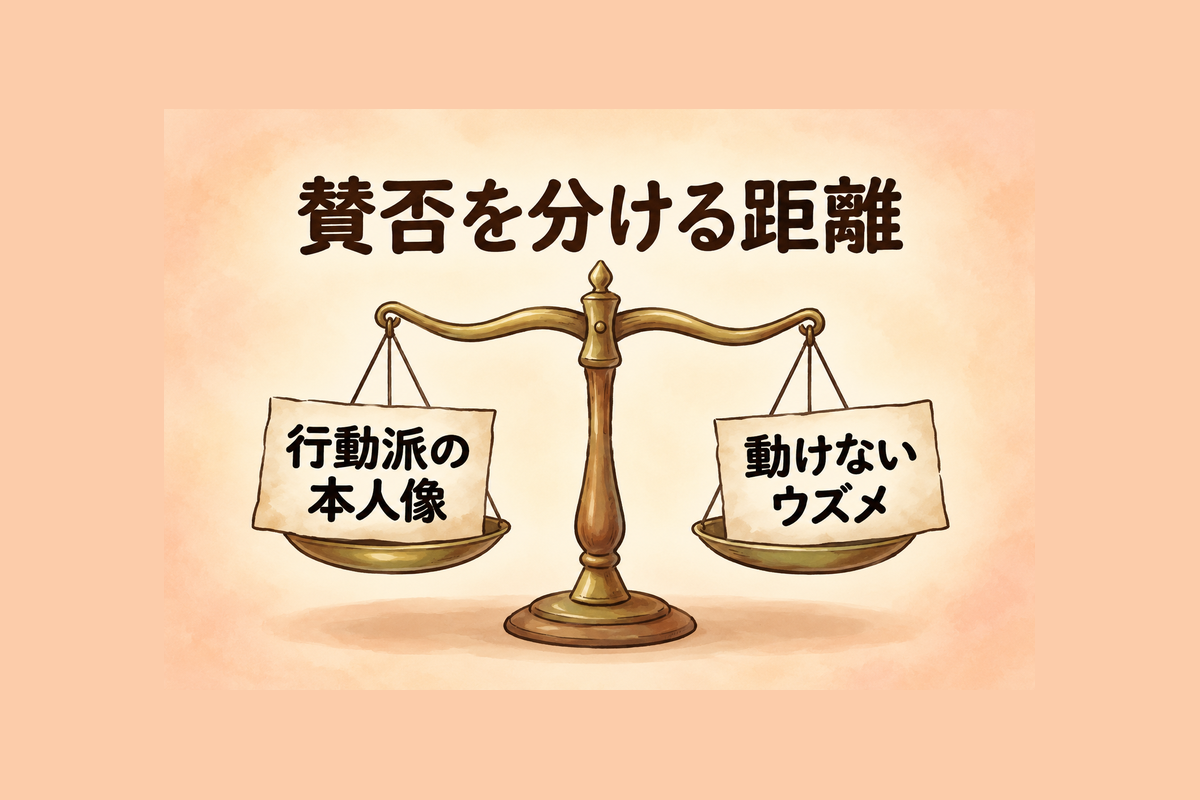 行動派の本人像と動けないウズメの距離を表す図