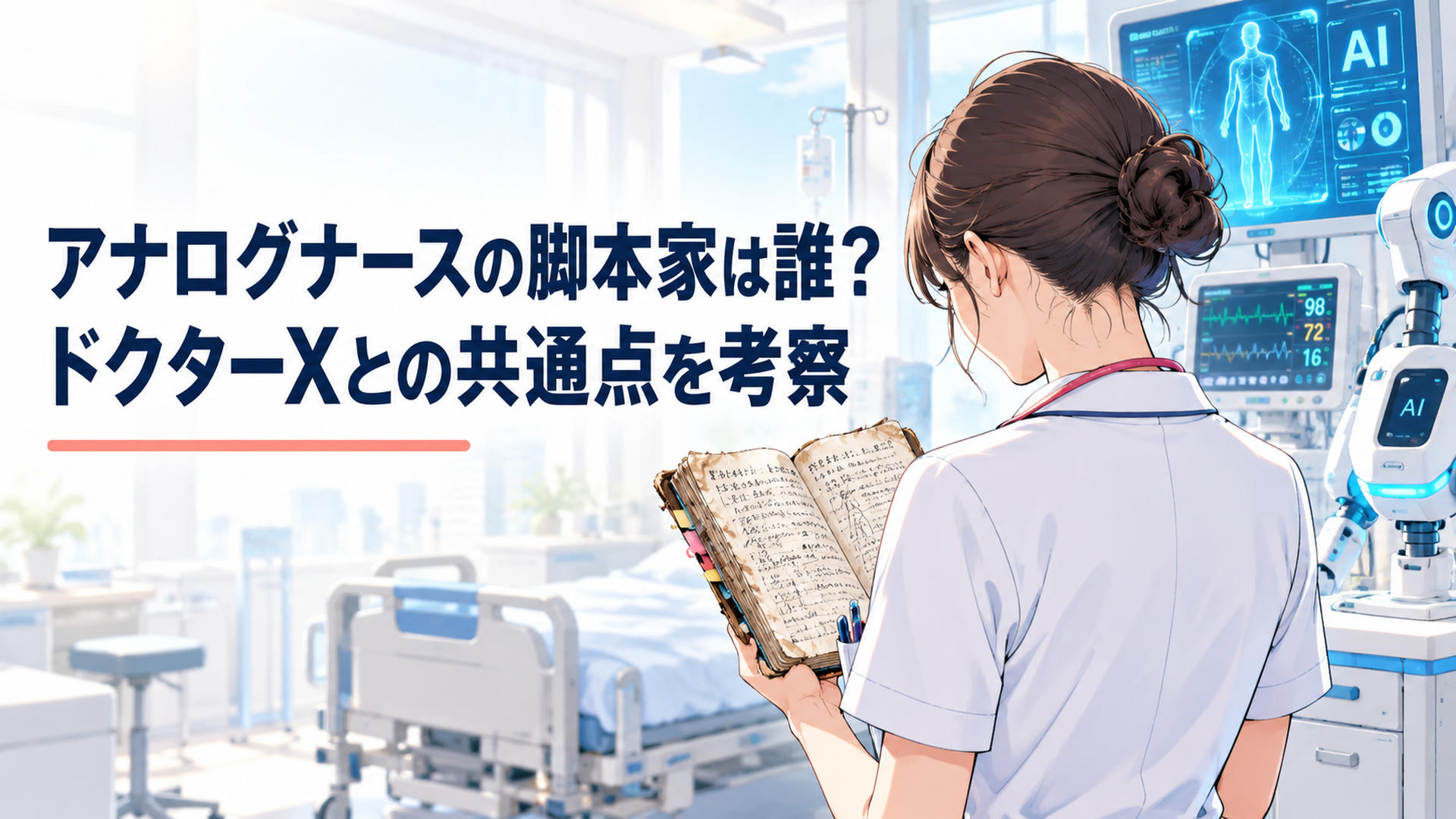 最新のAI医療機器が並ぶ病室で、一人手書きのボロボロのノートを見つめる看護師の背中