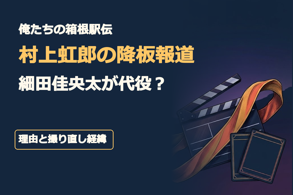 「俺たちの箱根駅伝」「村上虹郎の降板報道」「細田佳央太が代役？」「理由と撮り直し経緯」の4つの短い日本語見出し。箱根の山並みと駅伝の襷を背景に、撮影用カチンコと2枚の配役カードを配置した濃紺と紫の報道解説イラスト。人物の実写写真や似顔絵は使わず、中央の安全領域に大きな見出しを配置
