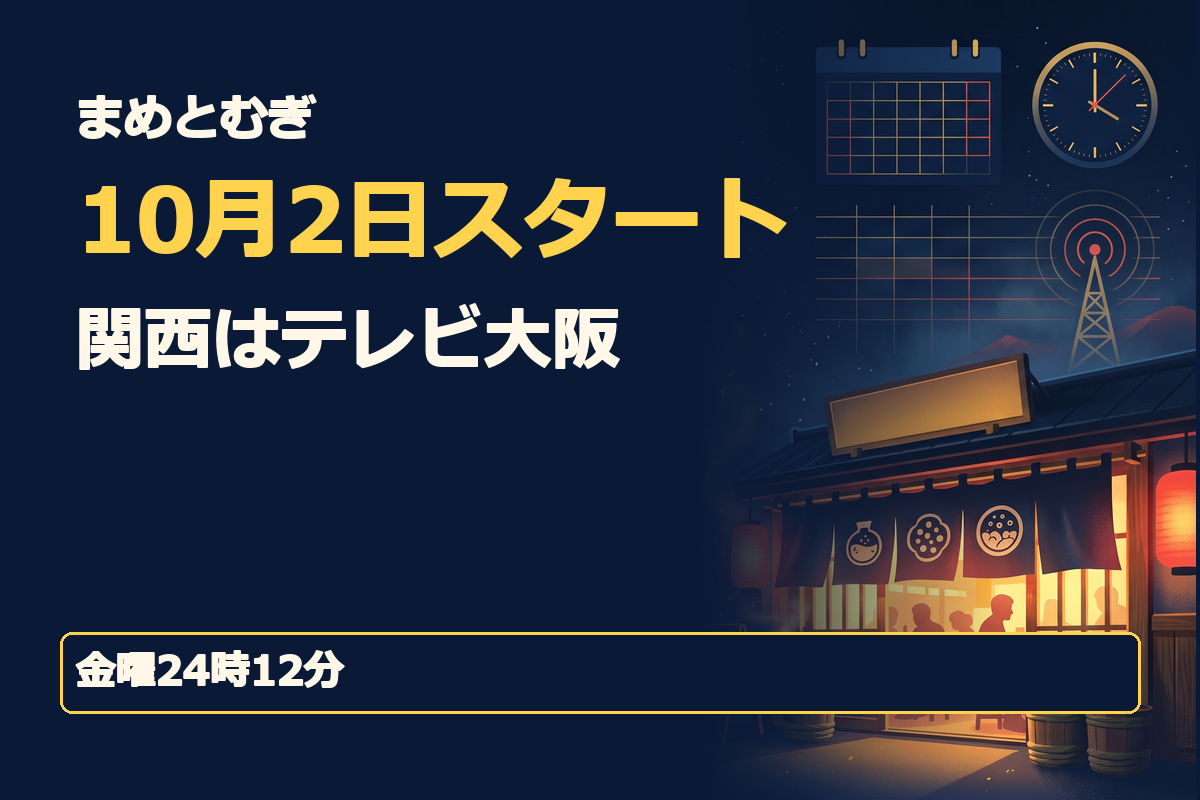「まめとむぎ」「10月2日スタート」「関西はテレビ大阪」「金曜24時12分」の短い日本語見出し。濃紺と黄色を基調としたテレビ番組表風の構図。中央に時計とカレンダー、背景に発酵居酒屋を象徴する暖簾を配置し、放送開始日と関西の放送局が一目でわかるデザイン