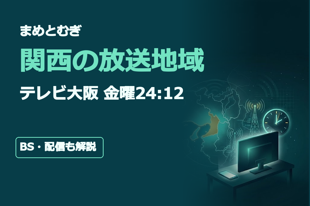 見出し文字は「まめとむぎ」「関西の放送地域」「テレビ大阪 金曜24:12」「BS・配信も解説」。濃紺と黄色を基調に、テレビ画面と関西6府県の概念地図、金曜深夜を示す時計を配置した放送ガイド。テレビ大阪の放送対象地域である大阪府を強調し、実際の電波到達範囲とは区別する。
