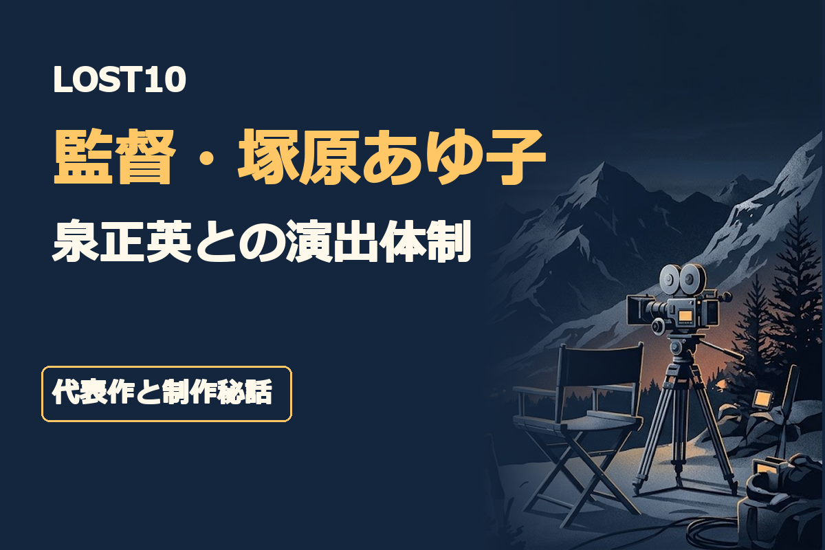 「LOST10」「監督・塚原あゆ子」「泉正英との演出体制」「代表作と制作秘話」。北海道の山岳風景と監督用チェア、撮影カメラを組み合わせた濃紺とシルバーのサスペンス風イラスト