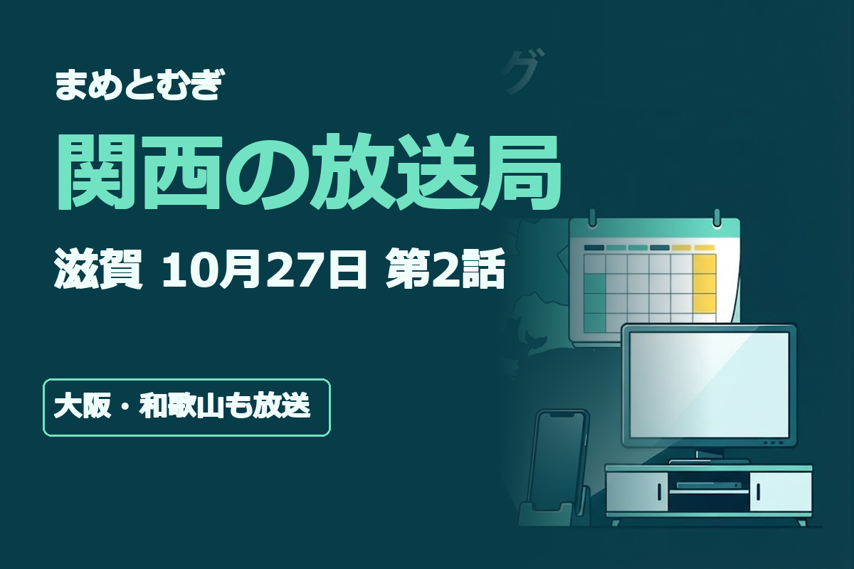 「まめとむぎ」「関西の放送局」「滋賀 10月27日 第2話」「大阪・和歌山も放送」の4つの短いコピー。濃紺と黄色を基調に、関西地図で大阪・滋賀・和歌山を区別し、テレビとカレンダーを組み合わせた横長イラスト。文字は中央の安全領域に大きく配置