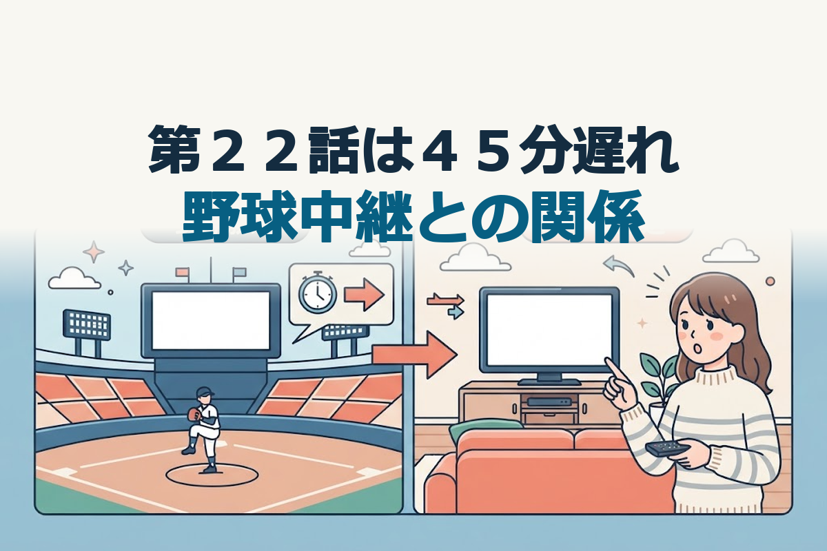 見出し文字は「第２２話は４５分遅れ」「野球中継との関係」。VIVANT第22話の放送変更を主題に、野球場とドラマの番組予定を表す大きなパネルを組み合わせた説明イラスト